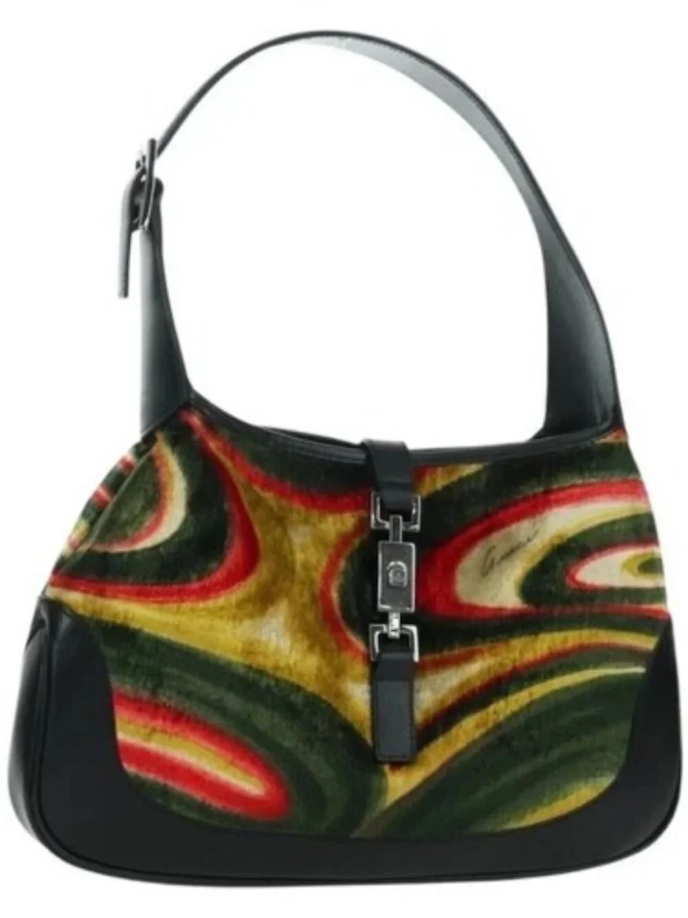 GUCCI Jackie Swirl Print Shoulder Bag Velvet Black Silver 001 3306 Auth SW2243SM